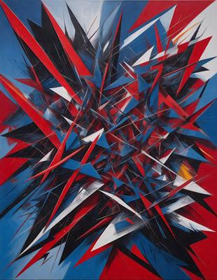 The primary subject of the image is a colorful, abstract artwork featuring a mix of red, blue, and white colors. The setting is a canvas, and the visual style is a combination of digital art and illustration. The artwork appears to be a pattern or a collage of various shapes and colors, creating a vibrant and dynamic atmosphere.